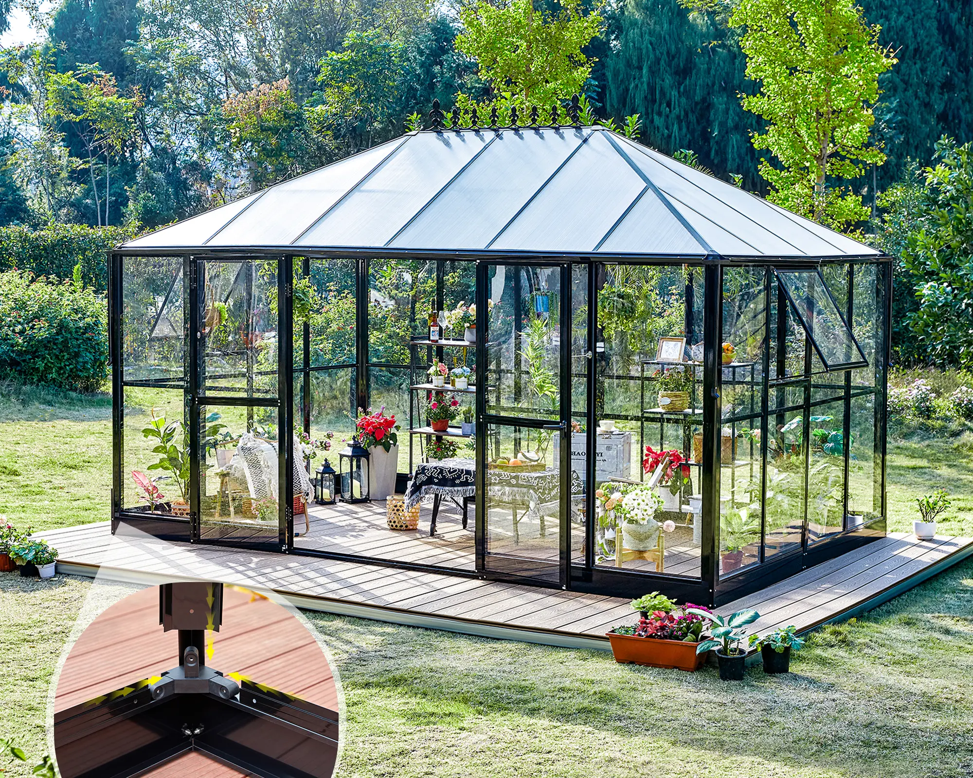 VanAcc 14x9.5x9 FT Hybrid Polycarbonate Greenhouse Quick Connector Fast Assembly, Swing 2 Doors Clear Panels