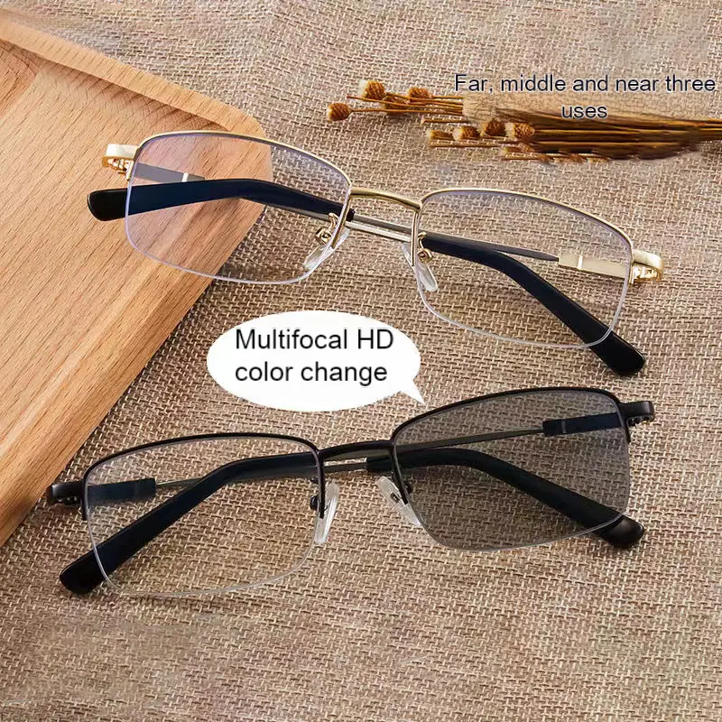 Unisex Semi-Rimless Rectangular Alloy Frame Progressive Bifocals, Photochromic Resin Lenses with Glare Shield, Ultra-Light Flexible Memory Temples for Near Vision Aid (+1.0 to +4.0)