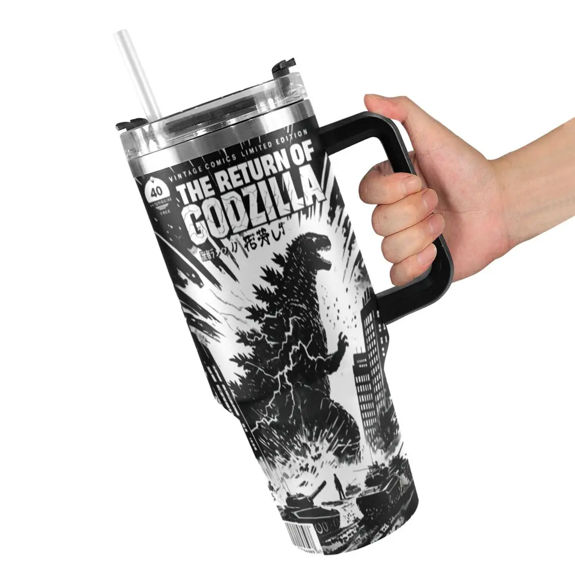 Godzilla 40oz Insulated Stainless Steel Thermal Cup - Reusable Vacuum Flask Bottle with Leakproof 3-in-1 Rotating Lid, Handle, Straw, Tapered Base - Industrial Patchwork Portable Cool Gift for Monster Fans