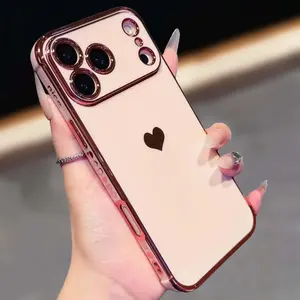Luxury Gold Plating Cute Love Heart Case,Camera Protection,Dust-Proof Net,with Side Heart Pattern For iPhone 17 Pro Max Case 11 12 13 14 15 16