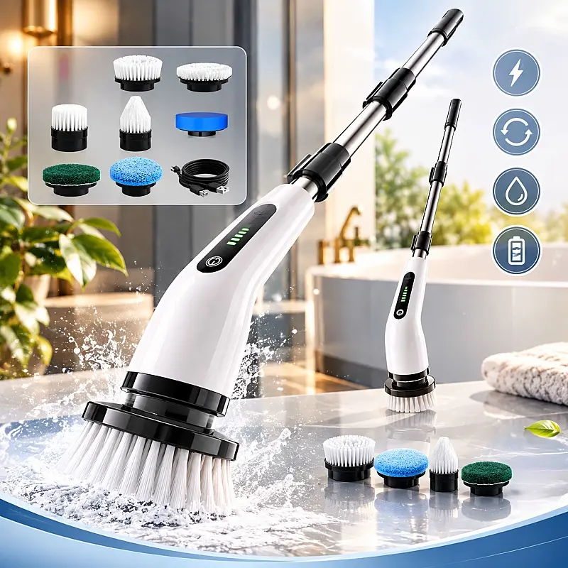 Rechargeable Electric Rotating Scrub Cleaning Tool, Adjustable Split‑Apart Long Handle, Multi‑Purpose Tough Bristle Brush Attachments For Automotive Exterior And Glass Surface Household Deep Clean