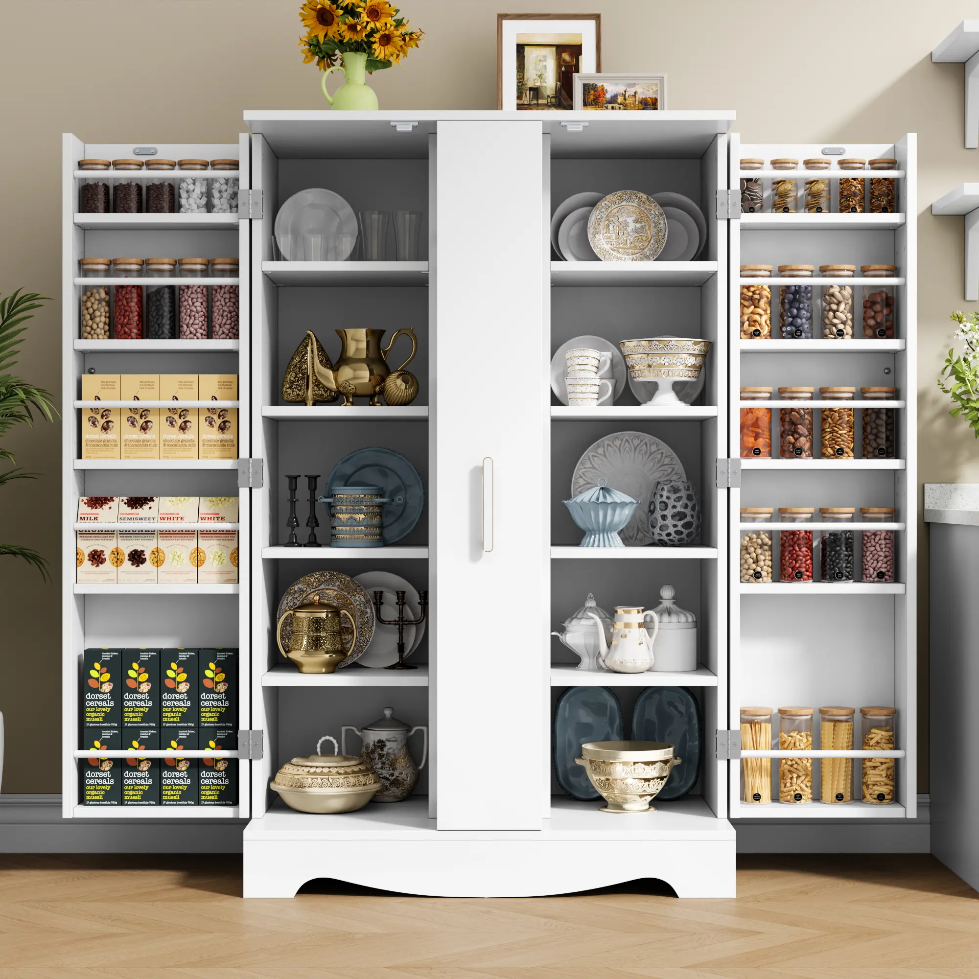 47" Modern Wood Kitchen Pantry Cabinet - Freestanding Storage Cupboard with Adjustable Shelves, Drawer, Regular Door, Sideboards, Assembly Required, Organizer for Kitchen, Dining Room Food, Dishes & Small Appliances