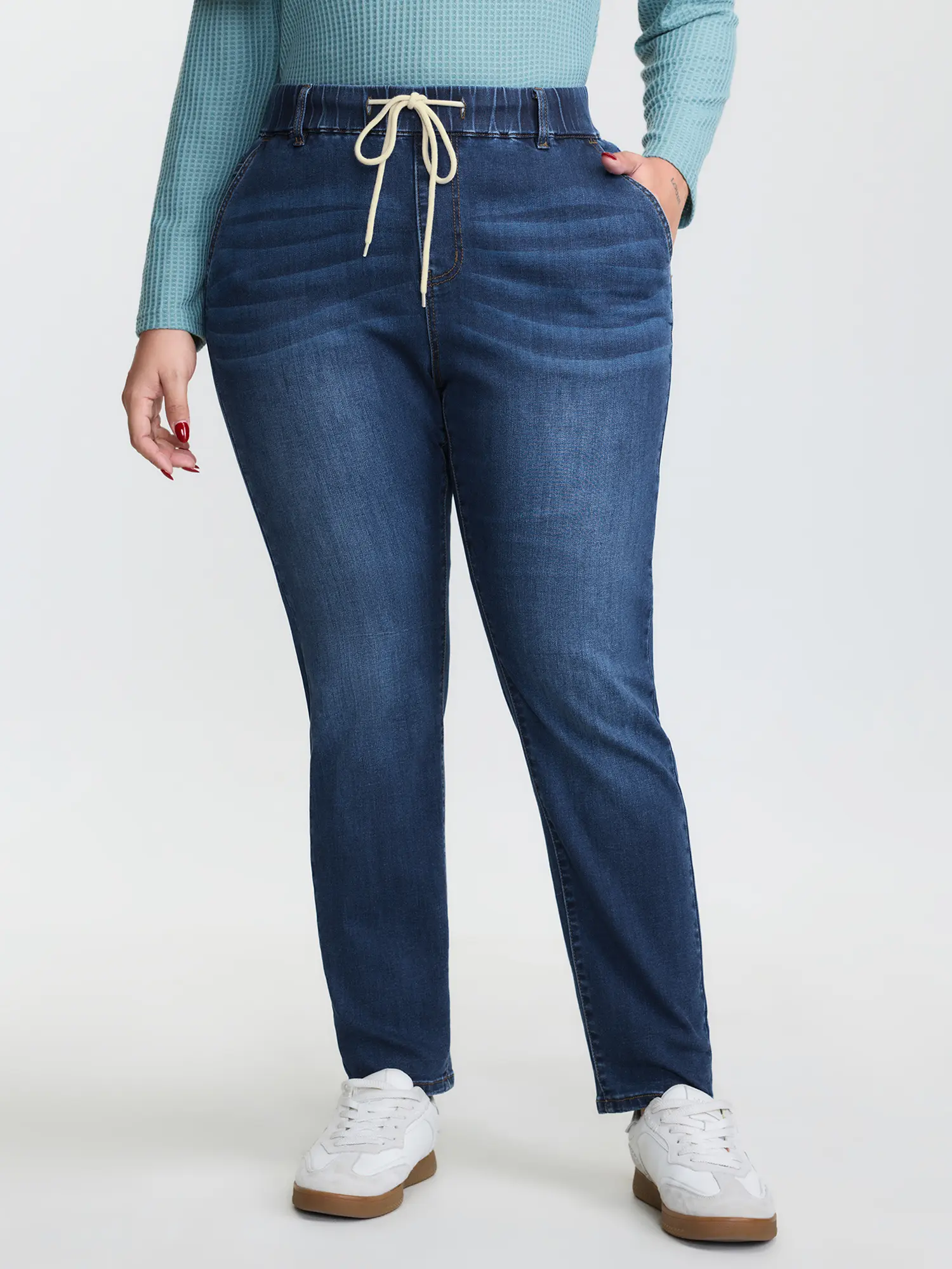【Tummy control】BLOOMCHIC Plus Size Pull-On Stretchy Boyfriend Jeans [M-6X] Fit Dark Indigo,Summerfinds