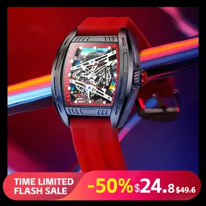 SKMEI Men's Quartz Wristwatch - 3ATM Waterproof, 44x48mm Barrel-Shaped Cyberpunk Dial with Analog Display, Silicon Strap, Fashion Couple Skeleton Watch Option
