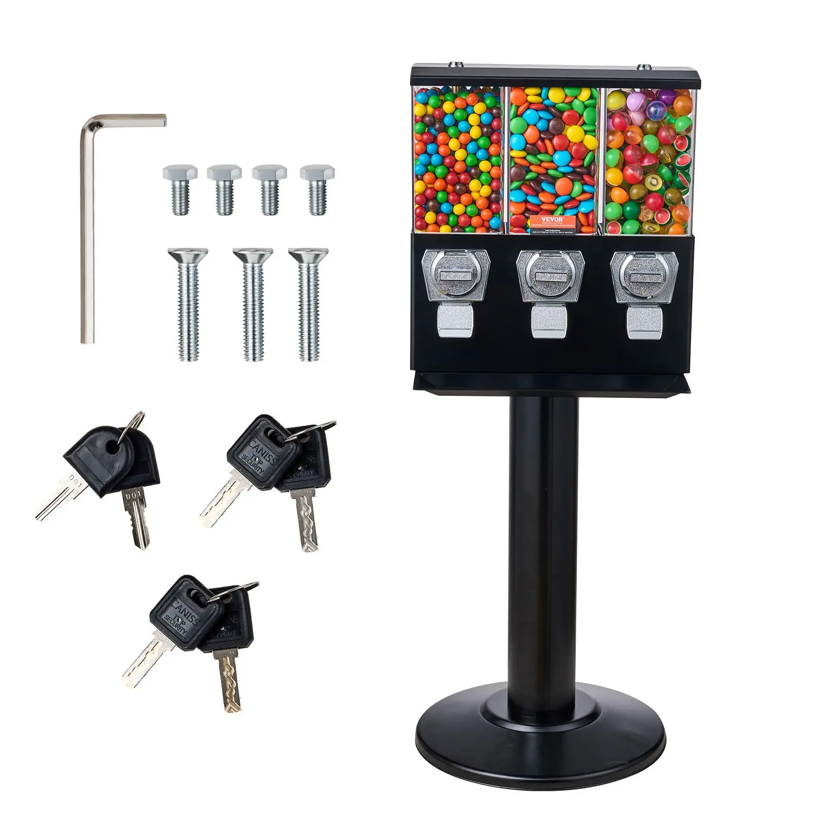 【Backtoschool】VEVOR Commercial Vending Machine,  , Triple Compartment Candy Dispenser with Iron Stand, Gumball and Candy Machine for Business, Coin Operated Gumball Bank for Toy Capsules Bouncy Balls Candy Nut, Black