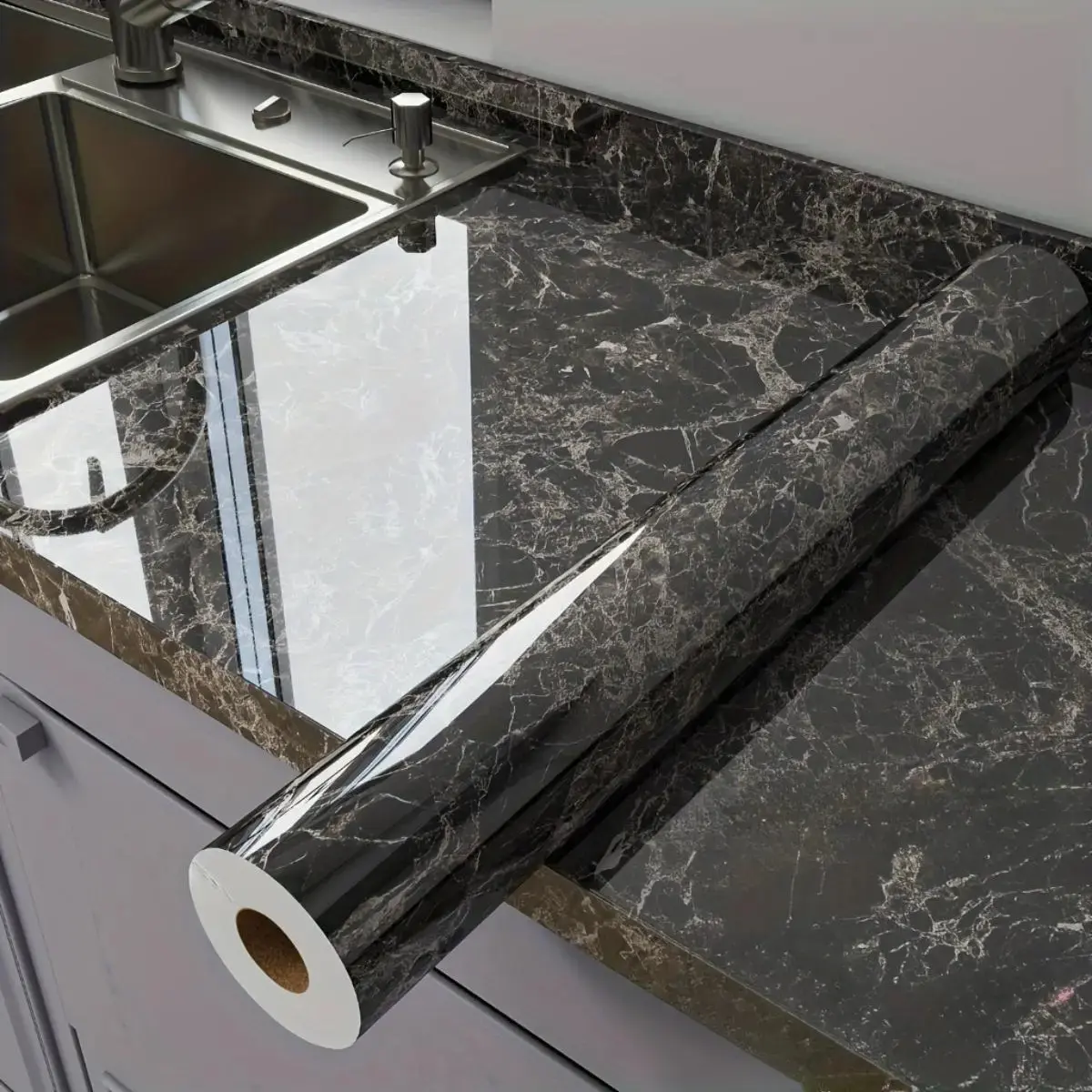 Premium Glossy Marble Peel-and-Stick Wallpaper - Glue-Free Pre-Pasted Self-Adhesive Decorative Sticker, Oil-Water Resist, Heat-Resistant, Removable, No Residue, 1/10 the Cost for Tabletop Refresh, Cabinet Upgrade, Home Decor Renovation