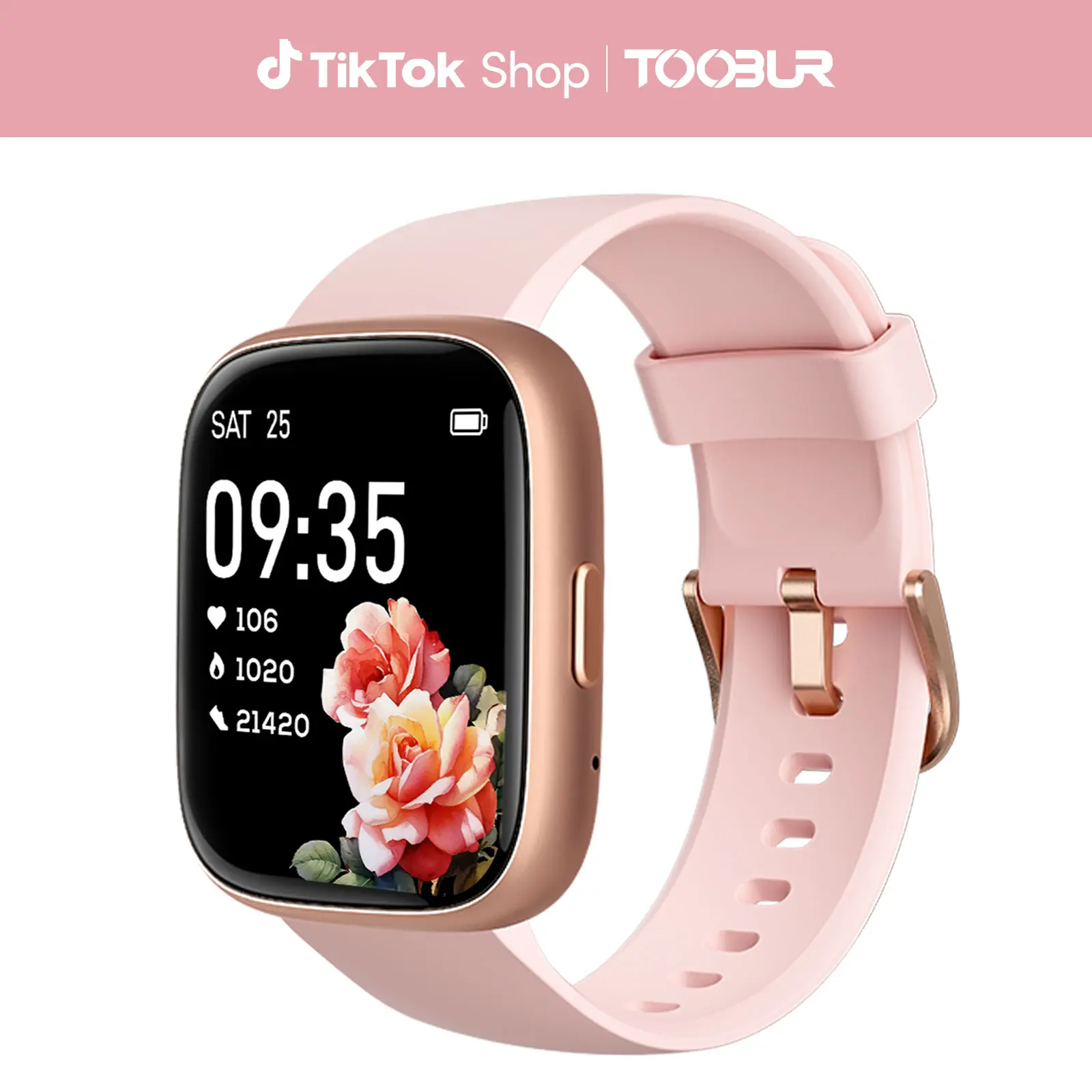 TOOBUR Women's Health Wearable Smartwatch - Pink Silicone LCD Screen Device, Bluetooth Connectivity, Voice Assistant, Call Function, IP68 Waterproof, 100 Sporty Modes, Sleep-Step-Calorie Tracking, iOS & Android Compatible