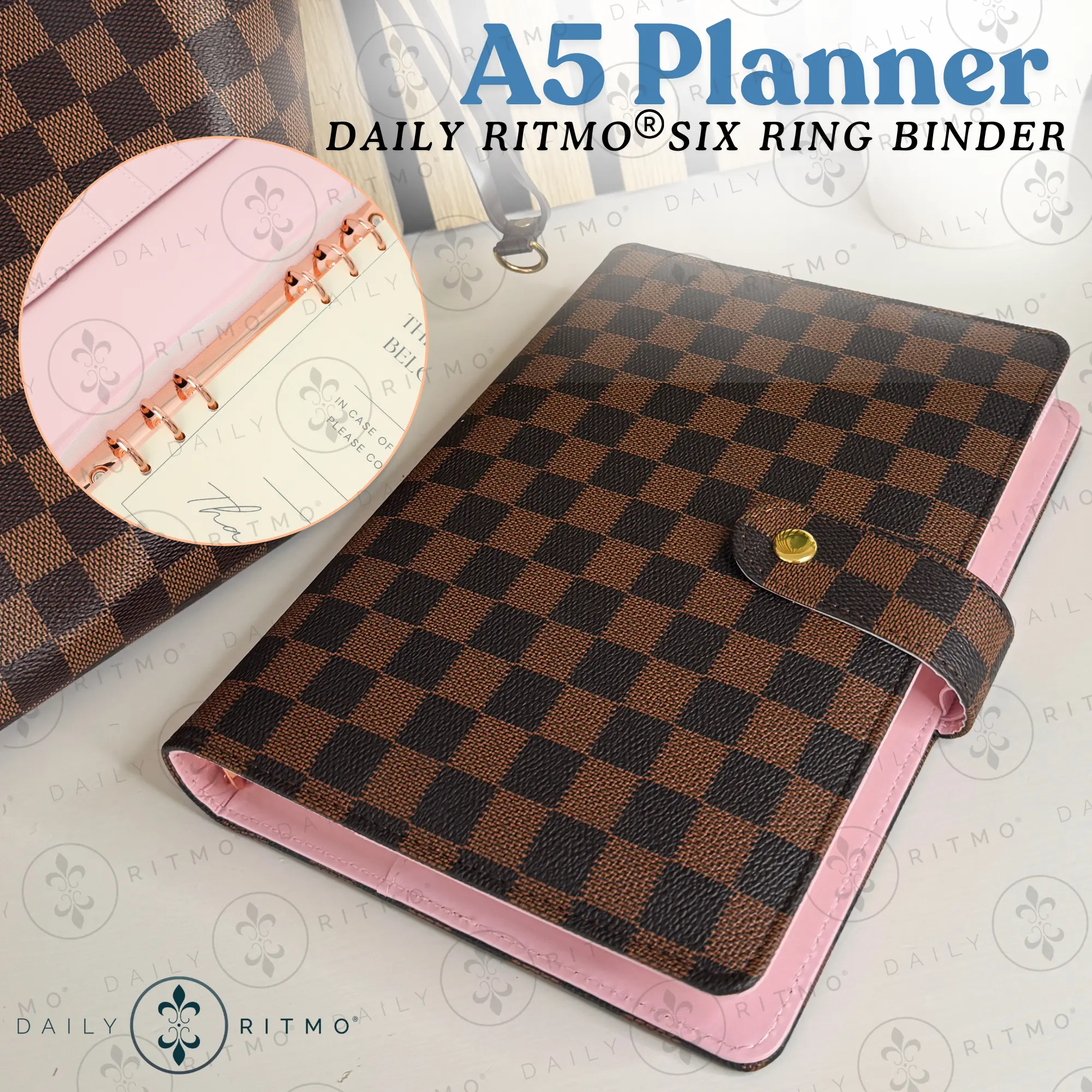 DAILY RITMO A5 Checkered Binders Notebook - PU Leather Cover, 6-Ring Dividers, 160-Page Daily To-Do List Planner, Office Stationery Binders Accessories, Binders Notebooks