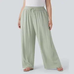 High waisted drawstring linen wide leg casual plus size pants with pockets