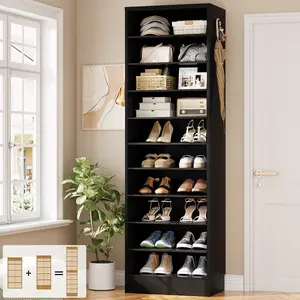 iSunirm Tall Shoe Cabinet, 10 Tiers Narrow Wood Shoe Rack, Shoe Storage Organizer with Open Storage, Vertical Shoe Shelf Tower for 20-22 Pairs, Space Saving, for Closet, Entryway, Bedroom