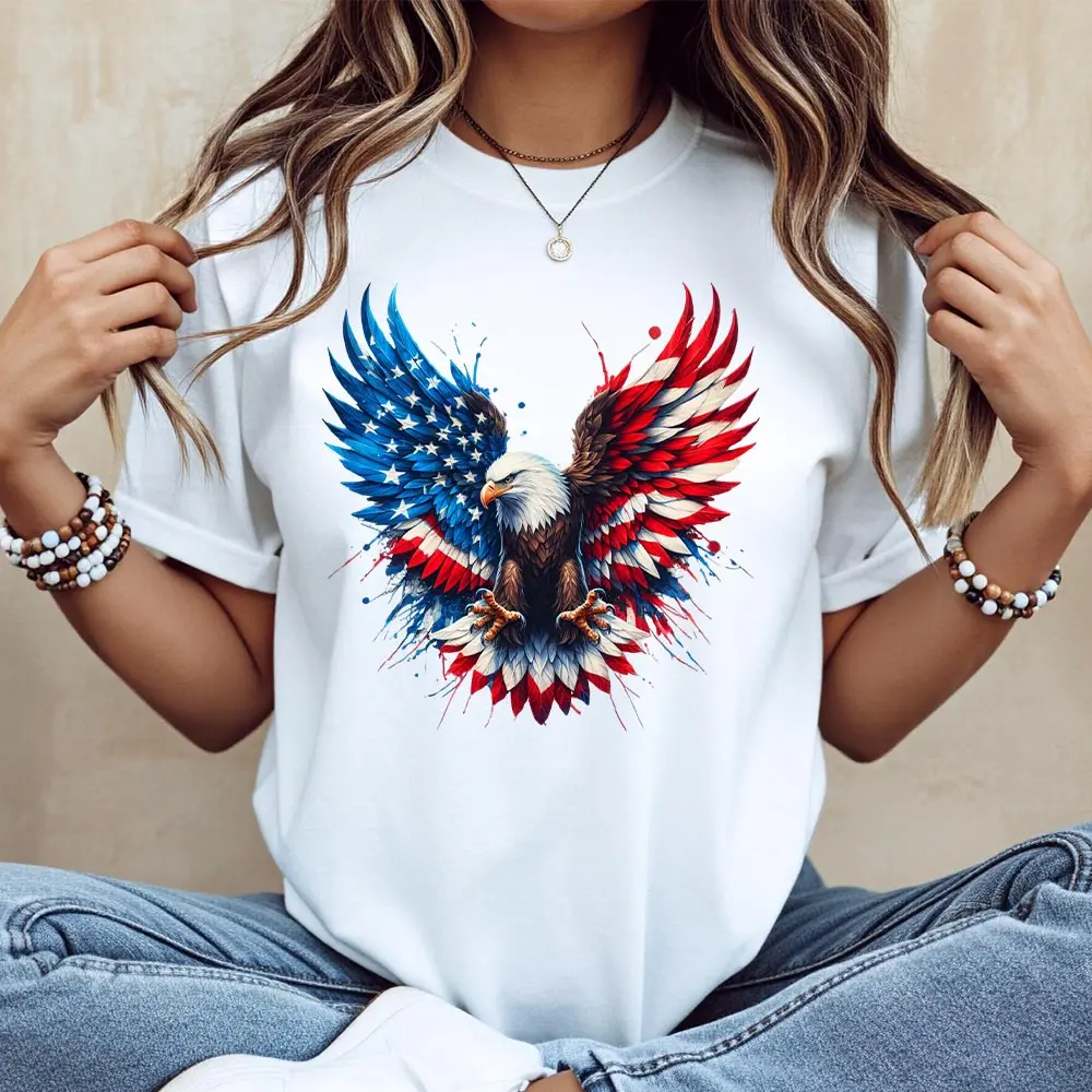 Women's Americana Stars and Stripes Cotton Crew Neck Short Sleeve Summer Tops, Regular Fit, Machine Washable, No Dry Clean, Made in USA