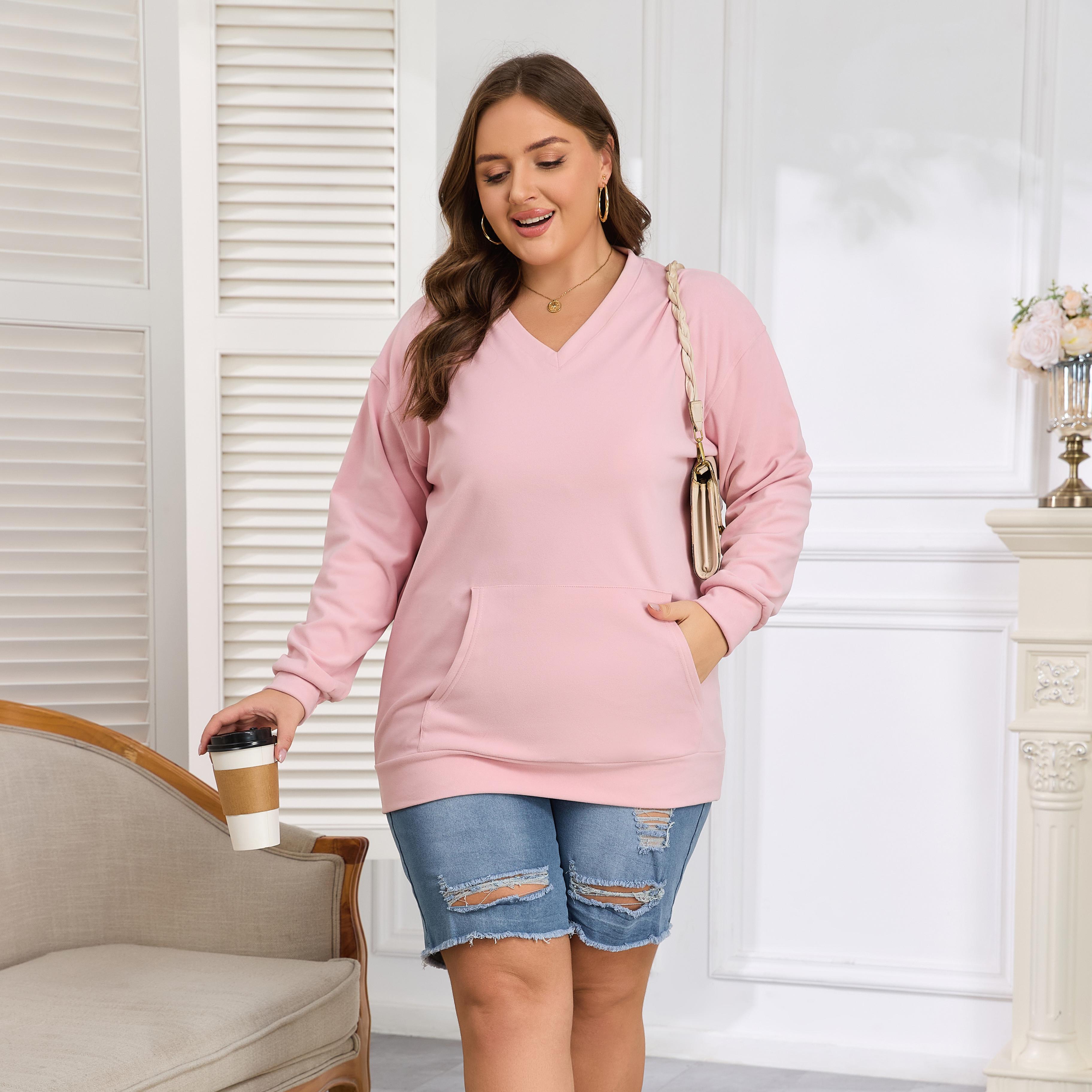 AUSELILY Women's Hoodless V-neck Sweatshirt With Kangaroo Pocket  Fleece Longsleeve Oversized Casual Style Shirt