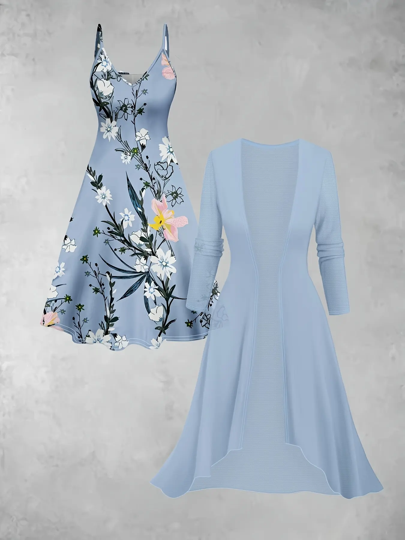 Women's summer two-piece dress set, floral print thin suspender mid length A-line dress+long sleeved mesh cardigan sunscreen cover, light blue casual beach vacation outfit
