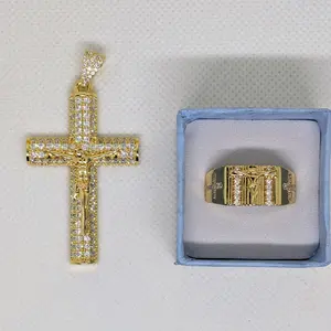 Rings Mens matching Gold Cross Moissanite Jewelry Set. 2.32ct Cross on a 23in Cuban chain. With 0.24ct cross Ring. valentine Engraved Pendant Unisex Vintage Necklace Hip Hop Luxurious