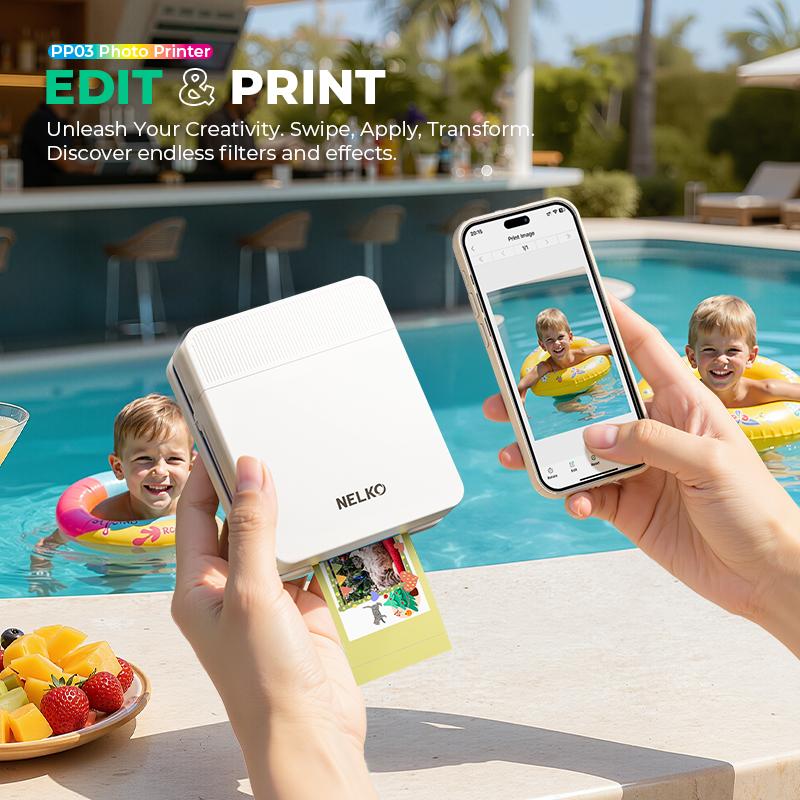 Nelko PP03 Instant Smartphone Photo Printer with 100 Photo Papers Portable Mini Color Wireless Mobile Printer Bluetooth Compatible iOS & Android Devices Fun Editing App, perfect as a gift for Valentine's Day Gift.