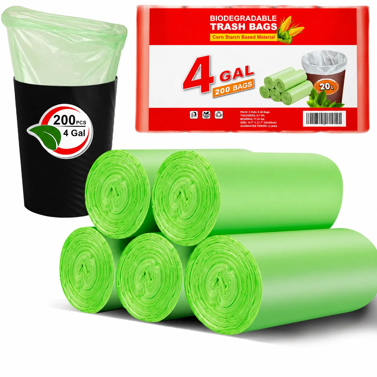 Small Trash Bags 4-6 Gallon, 200 Count Biodegradable Trash Bags 4 Gallon, Extra Strong Small Garbage Bags Unscented, Size Expanded, Green, for Bathroom Bedroom Office Kitchen Trash Can
