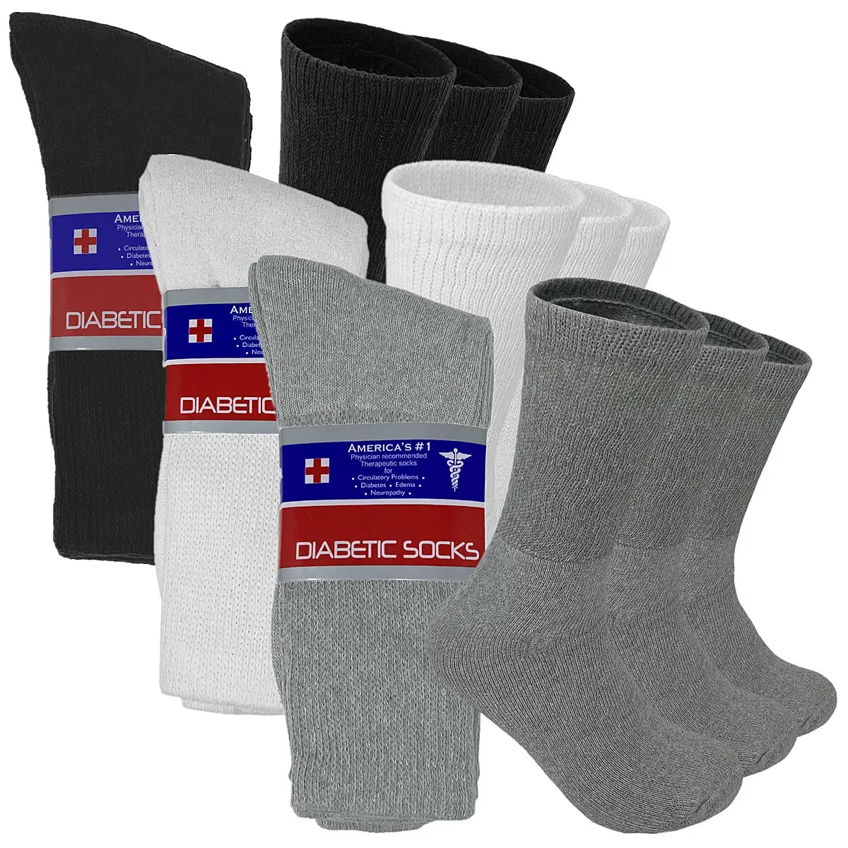 3 6 12 Pairs Lot Men's Circulatory Diabetic Crew Socks Plain Colors Size 9-15