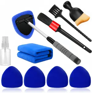 10pcs Car Glass Cleaning Tool Kit - Extendable Handle  with Reusable Microfiber Pads & Spray Bottle for Windshield & Interior