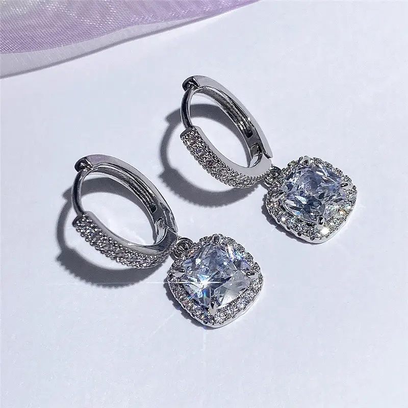 Dangling Leverback Clasp Earrings for Women with an Elegant Princess Cut Square CZ Drop Charm, Lightweight Halo Set Jewelry for Birthday or Anniversary, Cubic Zirconia