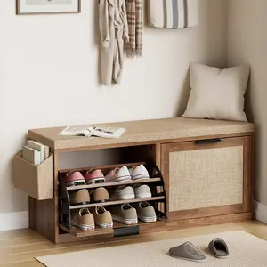 HOMMPA Shoe Storage Bench, Entryway Bench with Shoe Storage & 2 Flip Drawer & Seat Cushion, Rattan Hidden Shoe Rack Bench, Wooden Entry Way Shoe Cabinet for Hallway, Bedroom, Mudroom