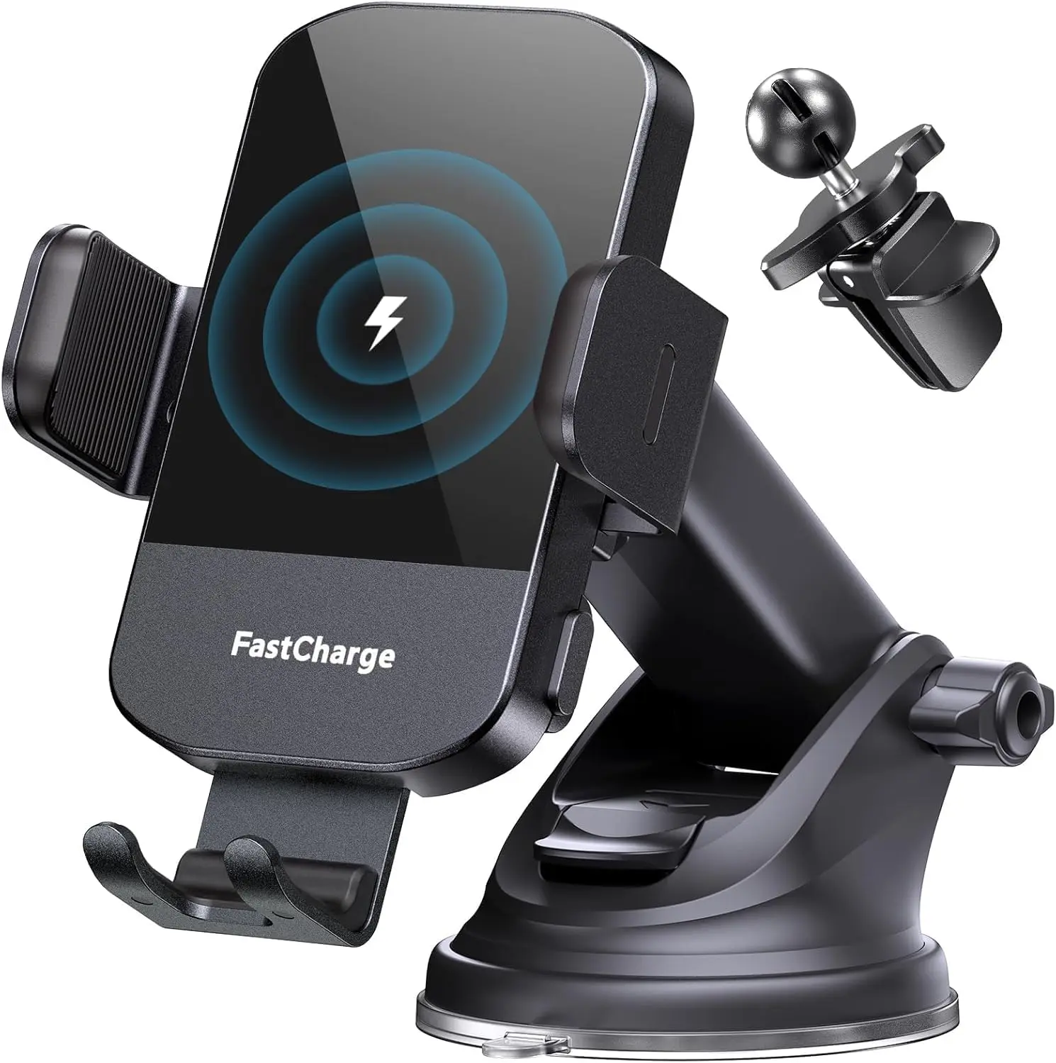 15W Power Wireless Car Charger with Automatic Clamping Phone Holder, Type-C/USB Type-C Charging, Suction Mount, Compatible with iPhone 17 16 15 14 13 12 Pro Max 11 XR, Samsung Galaxy S25 Ultra S24 S23, Black for Cars