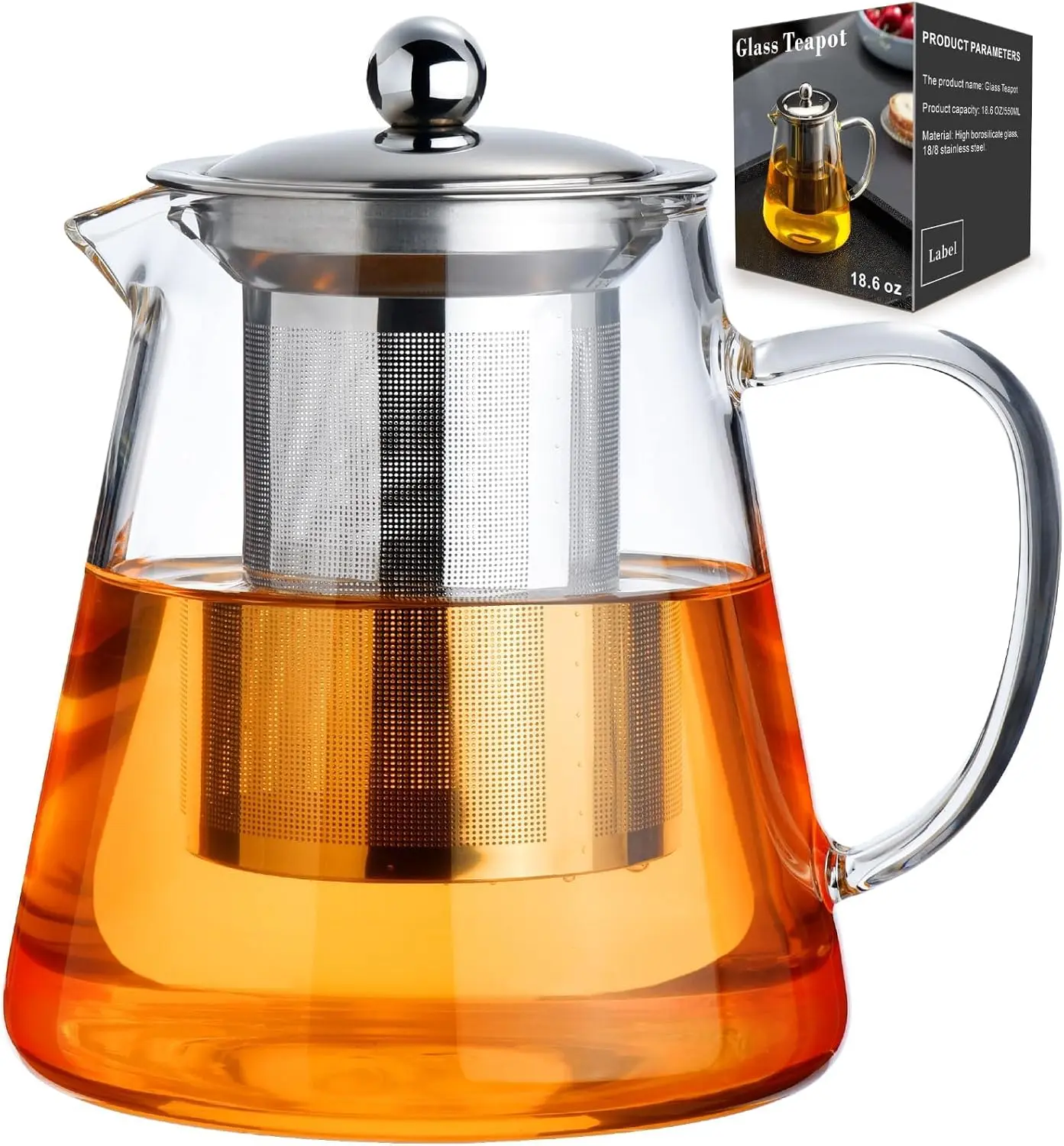 Glass Teapot 18.6oz/550ml, Tea Pot with Removable Infusers for Loose Tea,