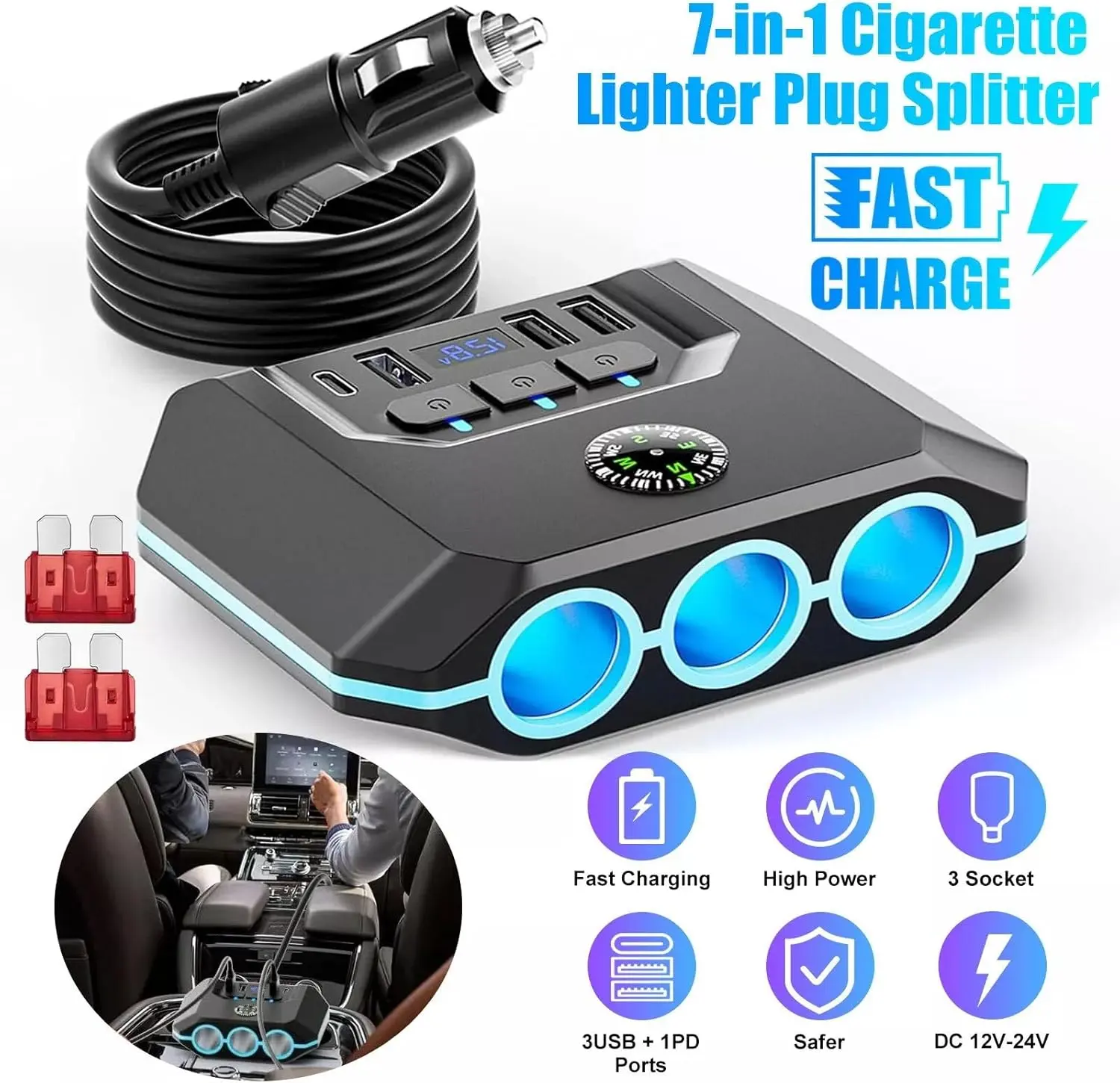 AXVIV 7-in-1 Cigarette Lighter Splitter 120W – Triple Socket Car Adapter with 3.3FT Extension Cord, 4 USB Ports (USB-C PD & USB-A), Individual Switches, Built-In Fuse Protection for 12V/24V Auto Devices