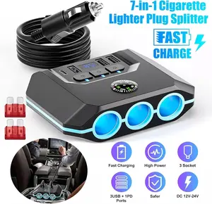 7-in-1 Car Charger Adapter with 110cm Extension Cable, 120W Multi-Port Power Splitter with 3 Sockets and 4 USB Ports, Car Charging Station with Separate Switches and LED Voltage Display, Professional Vehicle Accessory for Road Trips, Black