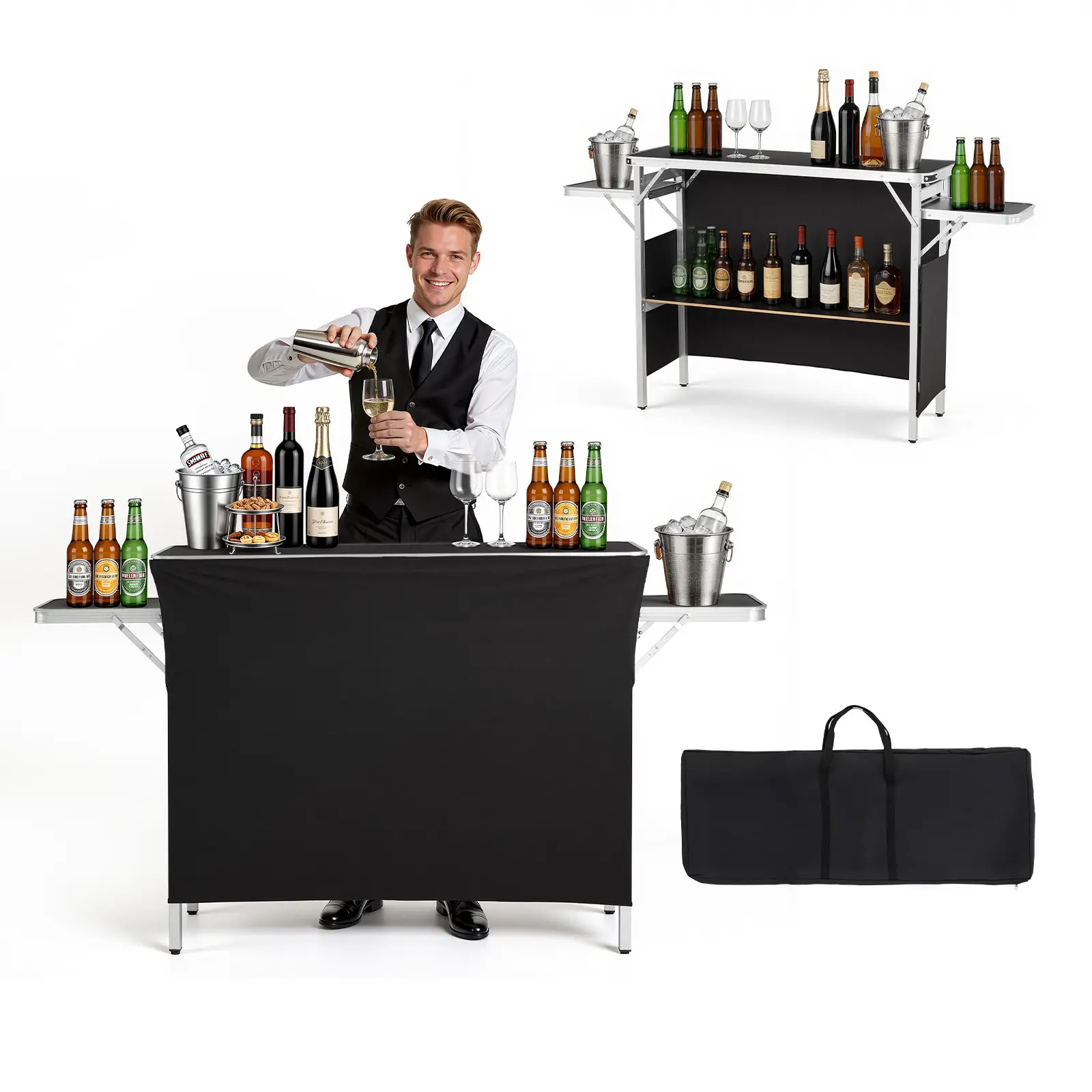 【SummerFinds】VEVOR Aluminium Compact Space-Saving Folding Portable Bar Table (43.3x15.4x34.6in) with Carrying Bag, Storage Shelf, Detachable Skirt, Quick Setup - Foldable Mobile Bartending Station for Market Stalls, Trade Shows