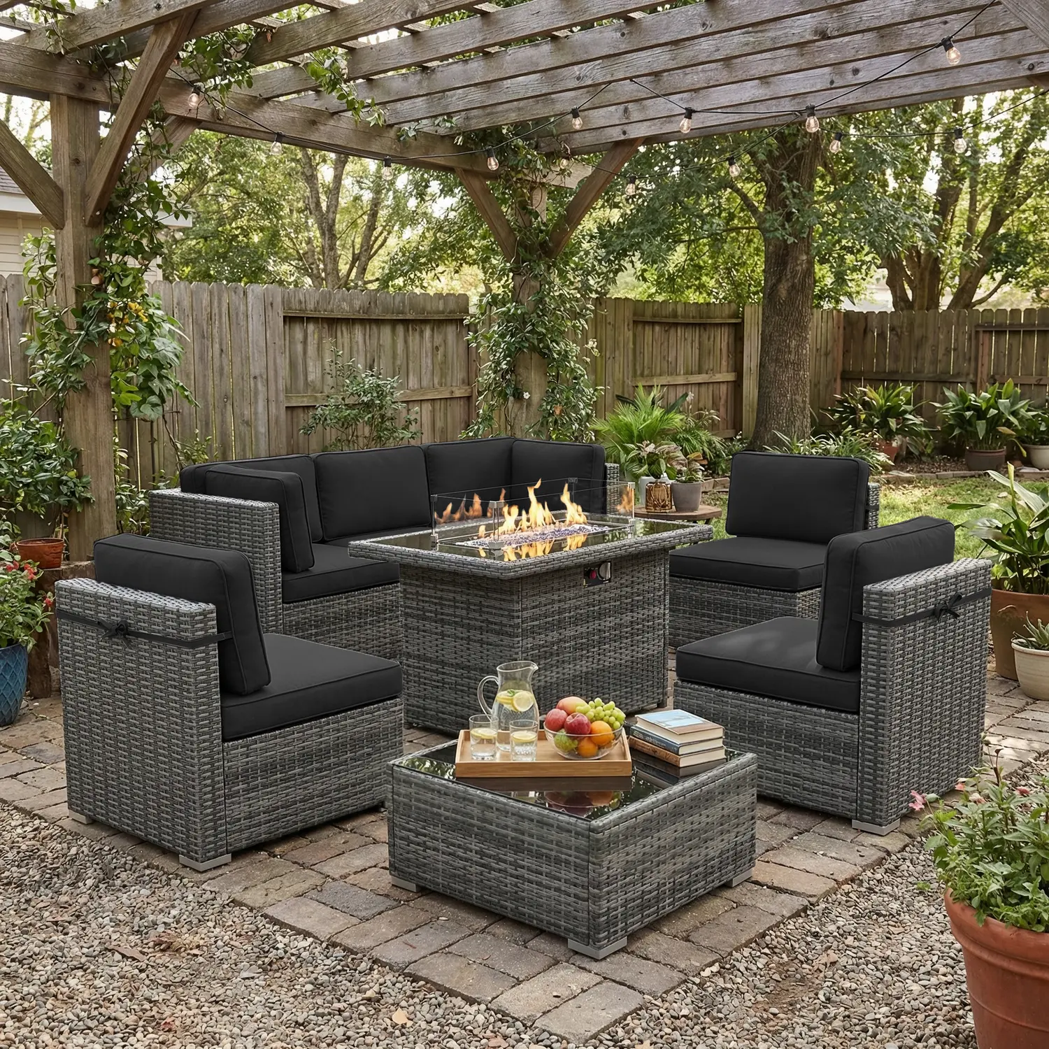 【5 Packages Shipping】LayinSun 8 Piece Patio Furniture Set with 44" Propane Gas Fire Pit Table, Outdoor Sectional Conversation Set Wicker Rattan Sofa Set with Coffee Table