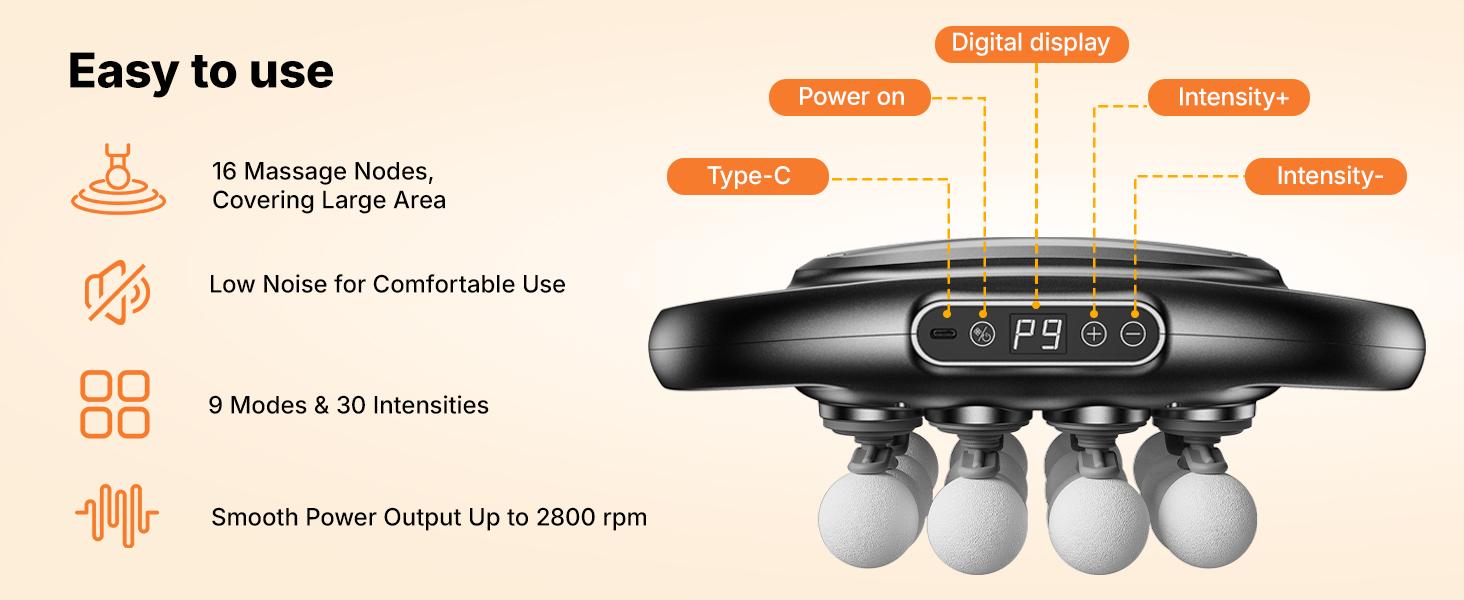 Merach 16-Head Massage Gun with 9 Modes, Deep Tissue Percussion with 30 Levels Quiet Muscle Massage Gun with Red Light Therapy for Full-Body Relaxation, Daily Use Gift