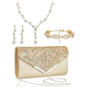 4Pcs Purse Rhinestone Jewelry Set – Prom Jewelry Rhinestone Clutch Purse, Necklace, Earrings, Bracelets for Women Bride  – Perfect for Wedding, Prom, Formal Party, Banquet, Anniversary