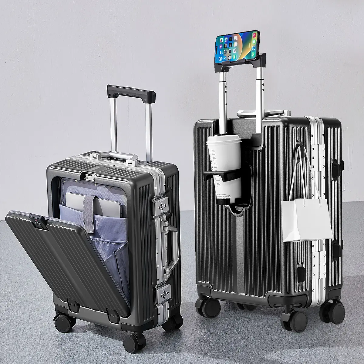Aluminum Frame Luggage Set, 20" Carry-On & 24" Checked Hard Shell Suitcases with TSA Lock, Front Opening Pocket, Cup Holder, Phone Holder, 360° Spinner Wheels, Laptop Compartment for Business Travel,back to school shopping