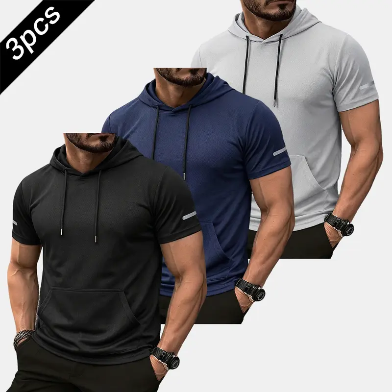 Men’s 3-Pack (3pcs-black+dark blue+gray) Lightweight Outdoor Hooded Sports T-Shirt - Smooth Mesh, Breathable Activewear Tee, Gym Clothes, Running/Hiking Training Tops