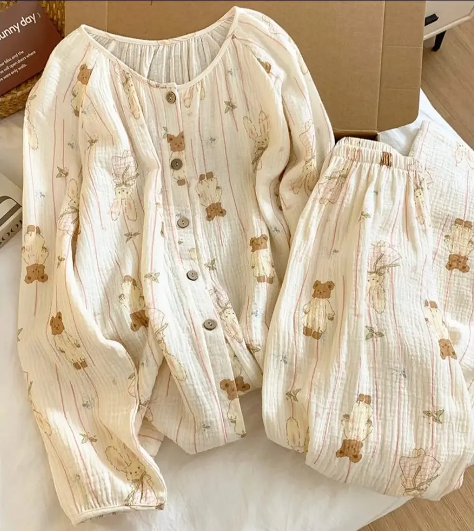 Cute Cotton Pajama Set for Women Loose Two-Piece Sleepwear with Sweet Print Soft Comfy Perfect for Home, Womenswear.