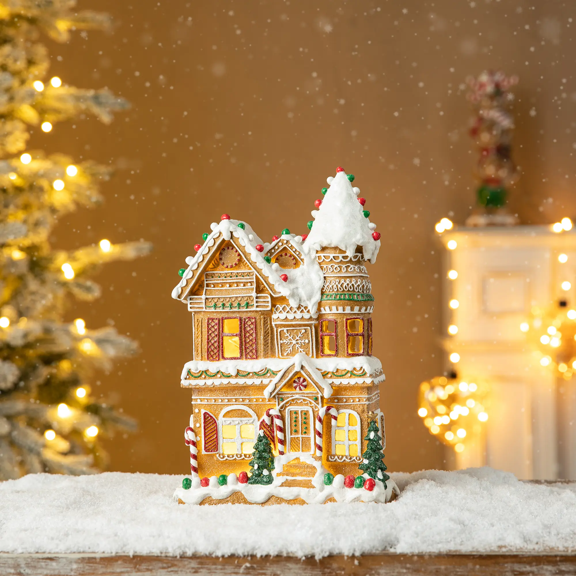 Glitzhome 12"H Long-Lasting Resin LED Lighted Irregular Christmas Gingerbread House Ornament, Modern Festive Snowy Scene Decor, Indoor Tabletop Decor with Timer, Hand-Painted Details, Battery-Operated (Batteries Not Included)