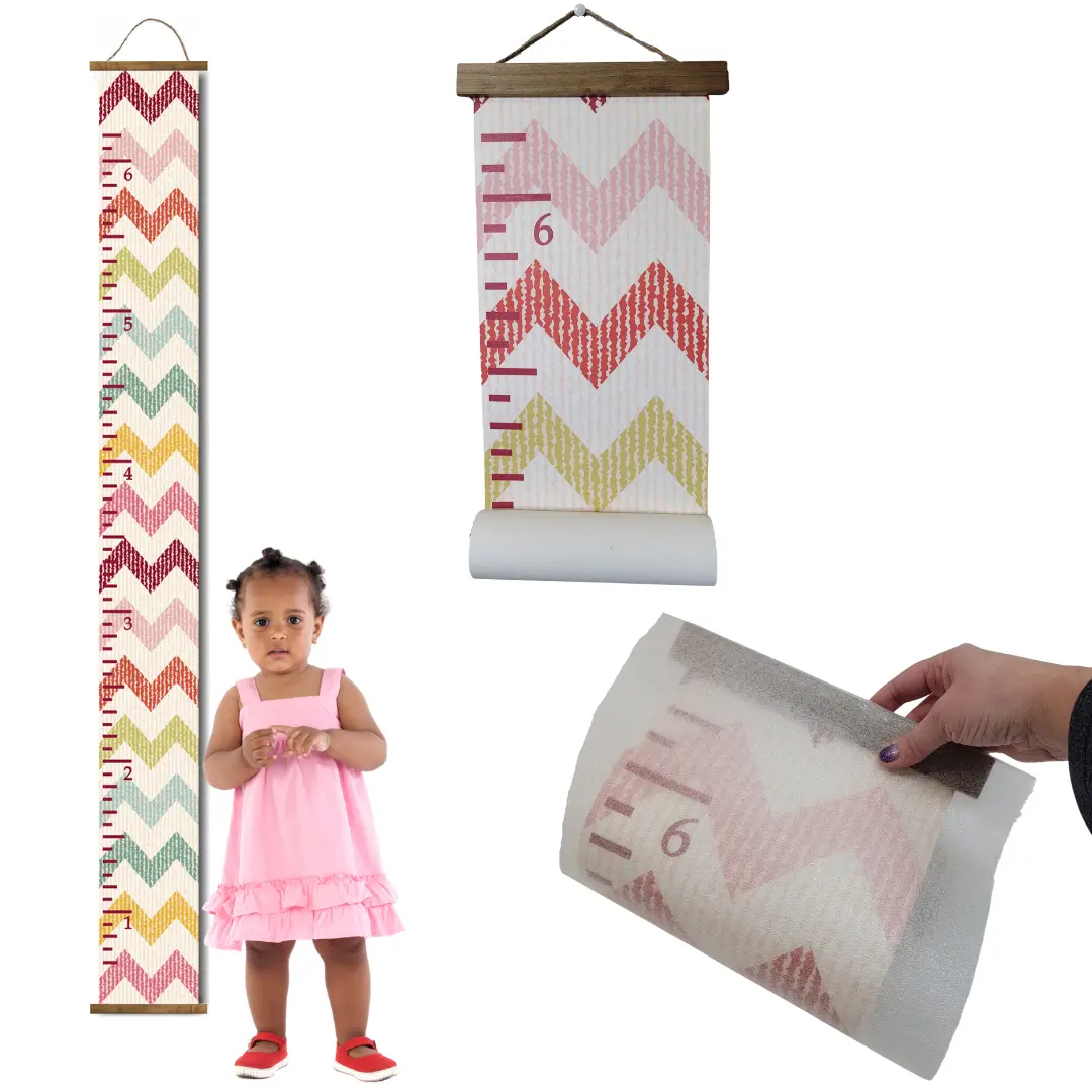Wood Topped Chevron Height Ruler Printed on Canvas Growth Chart 6ft