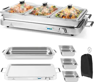 COSTWAY Buffet Server & Electric Food Warmer, 2-in-1 Food Warming Tray, Adjustable Temperature, 3 Food Pans with Lids, Dishwasher Safe, 8 QT Stainless Steel Chafing Dishes for Parties Holiday Events