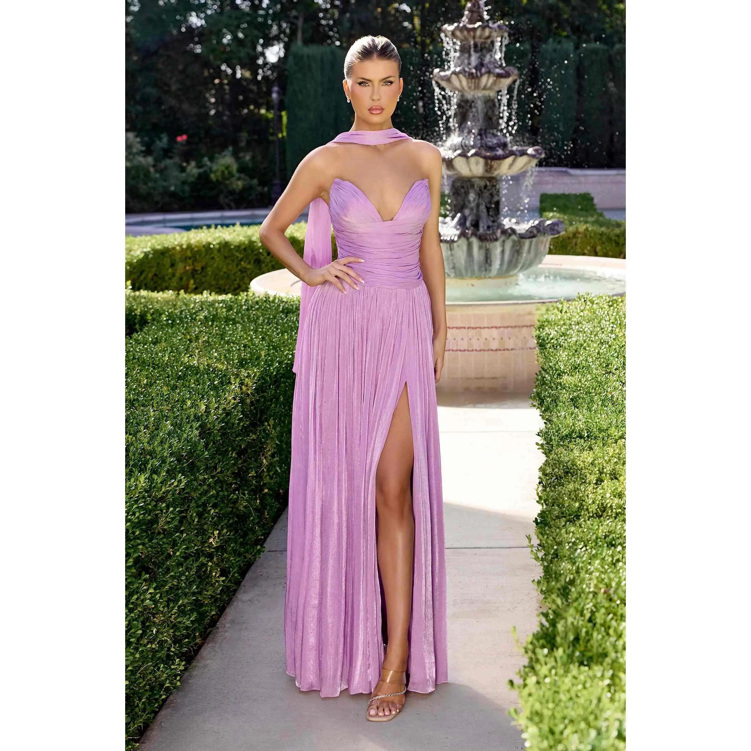 CLEARANCE - Women's Formal Ladivine CD410 Soft Corset Luminescent Chiffon Strapless Lavender Dress with Sexy Slit (Size 16)