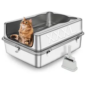 Extra Large Stainless Steel Cat Litter Box, 27.5" L x 19.7" W x 12" H XXXL Semi Enclosed Removable Metal Litter Tray with High Sided Enclosure, Scoop, Anti-Leakage, Non-Sticky, Easy Cleaning