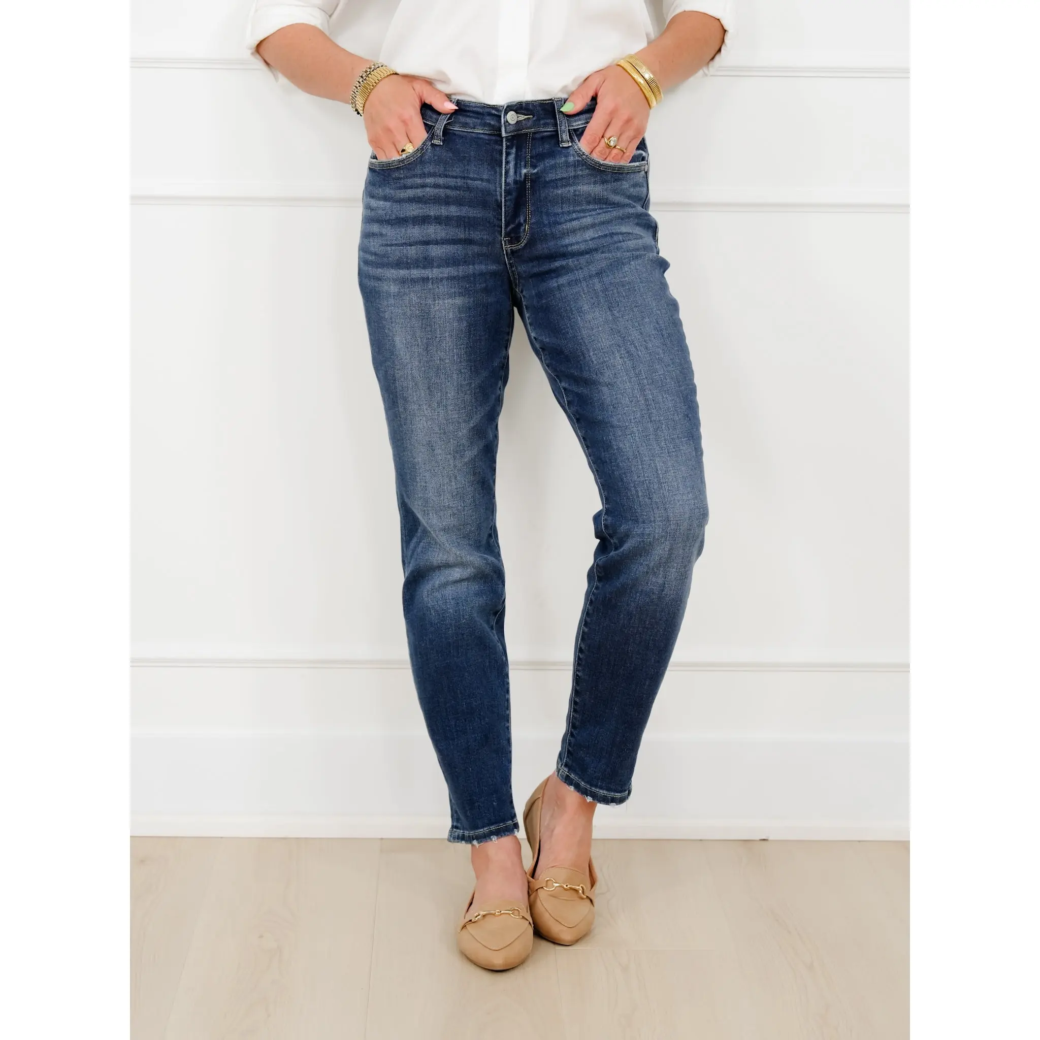 Restock! Judy Blue My Favorite Boyfriend Mid-Rise Dark Wash Non Distressed Cuffed Boyfriend Jeans
