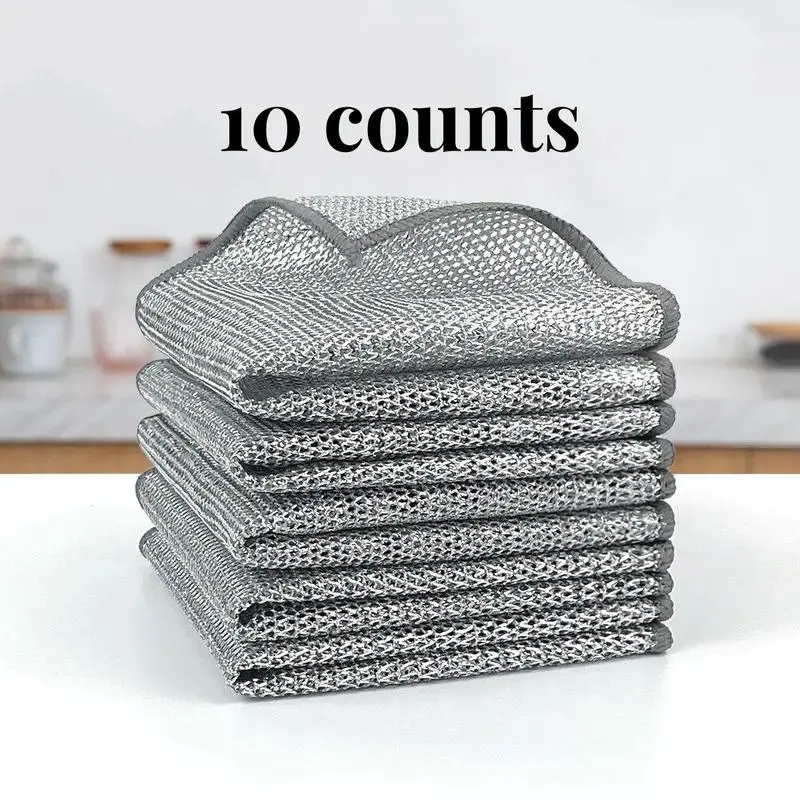 10 Pack Non-Scratch Mesh Texture Dishwashing Rags, Reusable Silver Wire Cleaning Cloths for Kitchen, Wet & Dry Use, Washable, Quick-Drying, Oil-Removing for Pots, Pans