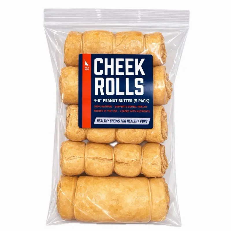 4-6” Peanut Butter Collagen Cheek Rolls (5 Pack) 100% Natural and Extra-Thick - Single-ingredient - Long-lasting for Big Dogs and Aggressive Chewers - Dog Treat Chews Dental Sticks