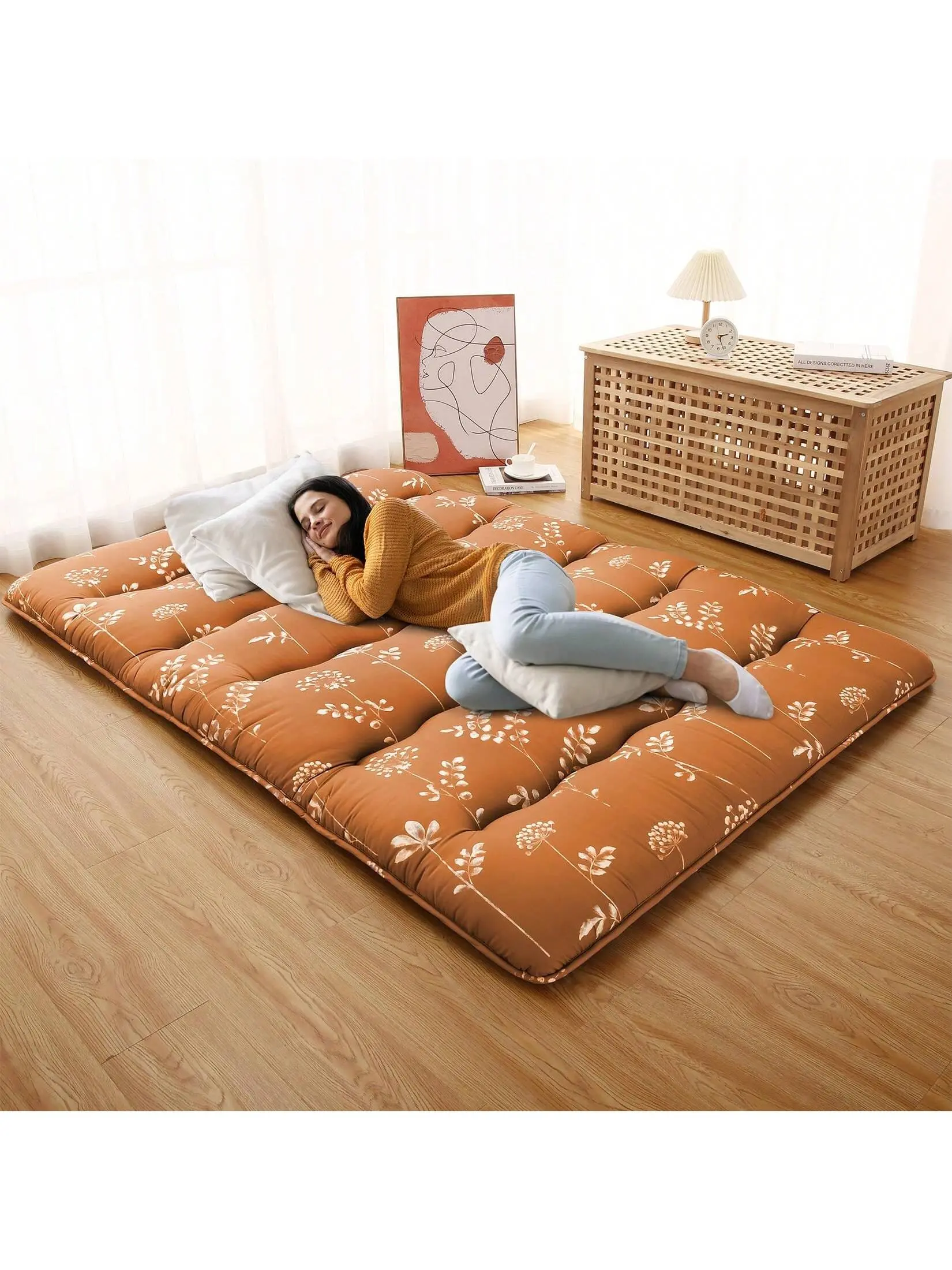 【Christmas Gift】Apanese Futon Mattress, Full Size Futon Floor Mattress Japanese Style Floral Pattern Mattress For Floor, Tatami Mat, Sleeping Mattress Pad For Camping Travel
