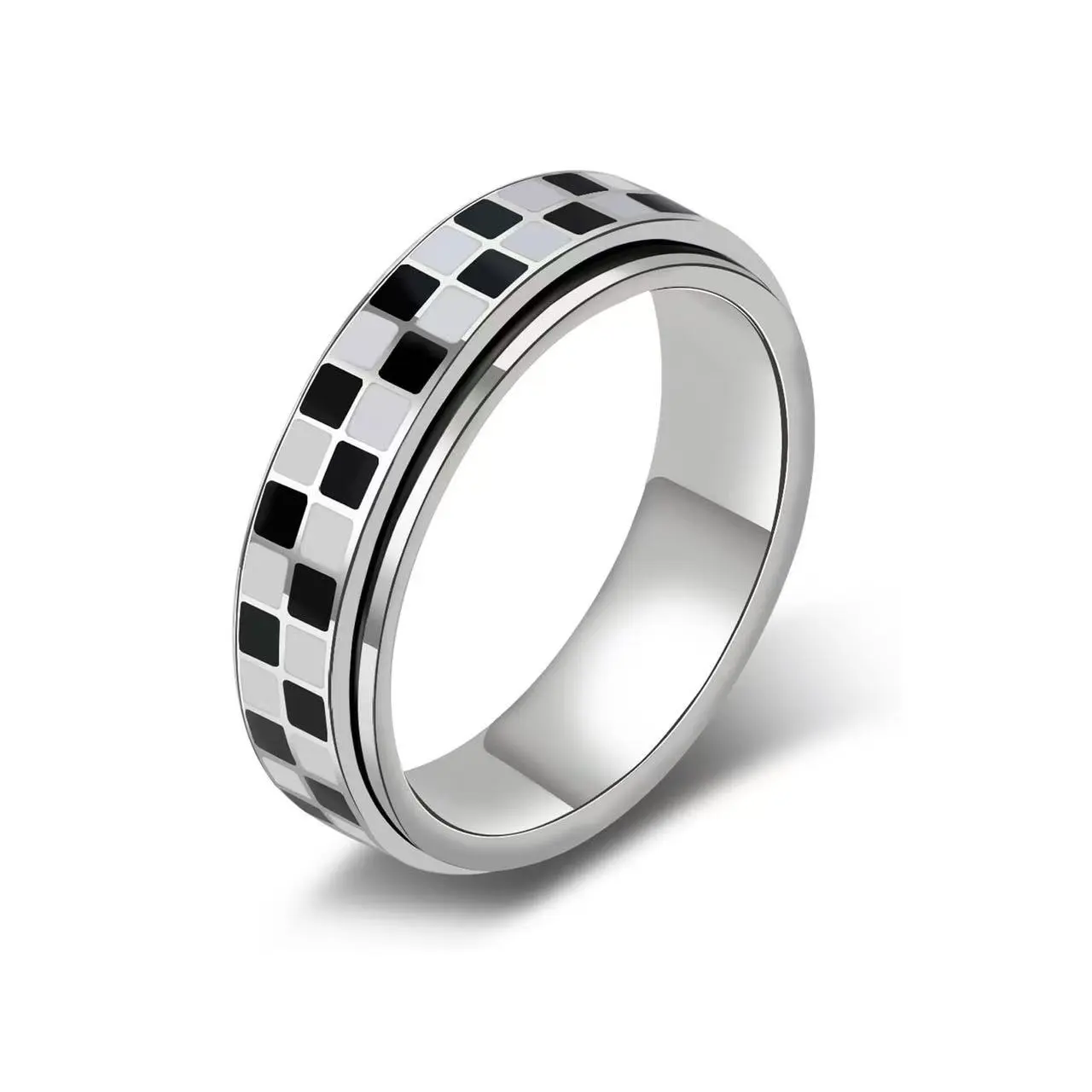 Classic Checkered Rotating Ring - Durable, Scratch-Resistant Fashionable Jewelry for Everyday Wear and Versatile Styling, Fashionable Jewelry Accessories, Ring Jewelry, Black-And-White Checker Print Rings