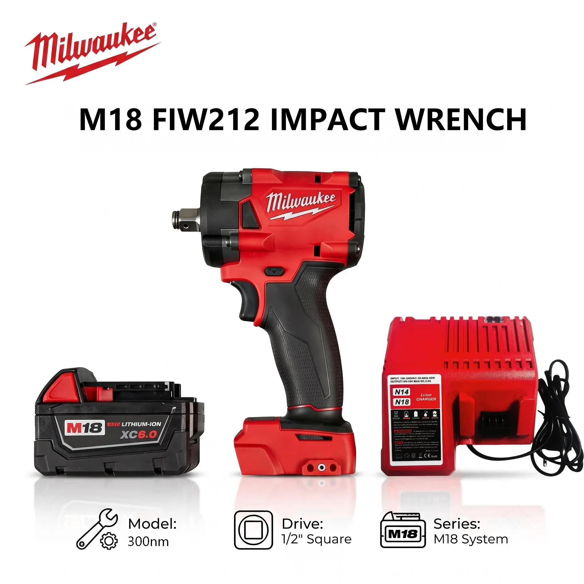 Milwaukee M18 FIW212 18V Cordless Impact Wrench Work Tool 1/2 in Square Drive, 300Nm Torque, 4 Adjustable No-load Variable Speed, Variable IPM Impact Rate, Compact Lightweight for Mechanical Repair, Steel Fastening, Work Tools high power brushless garage,