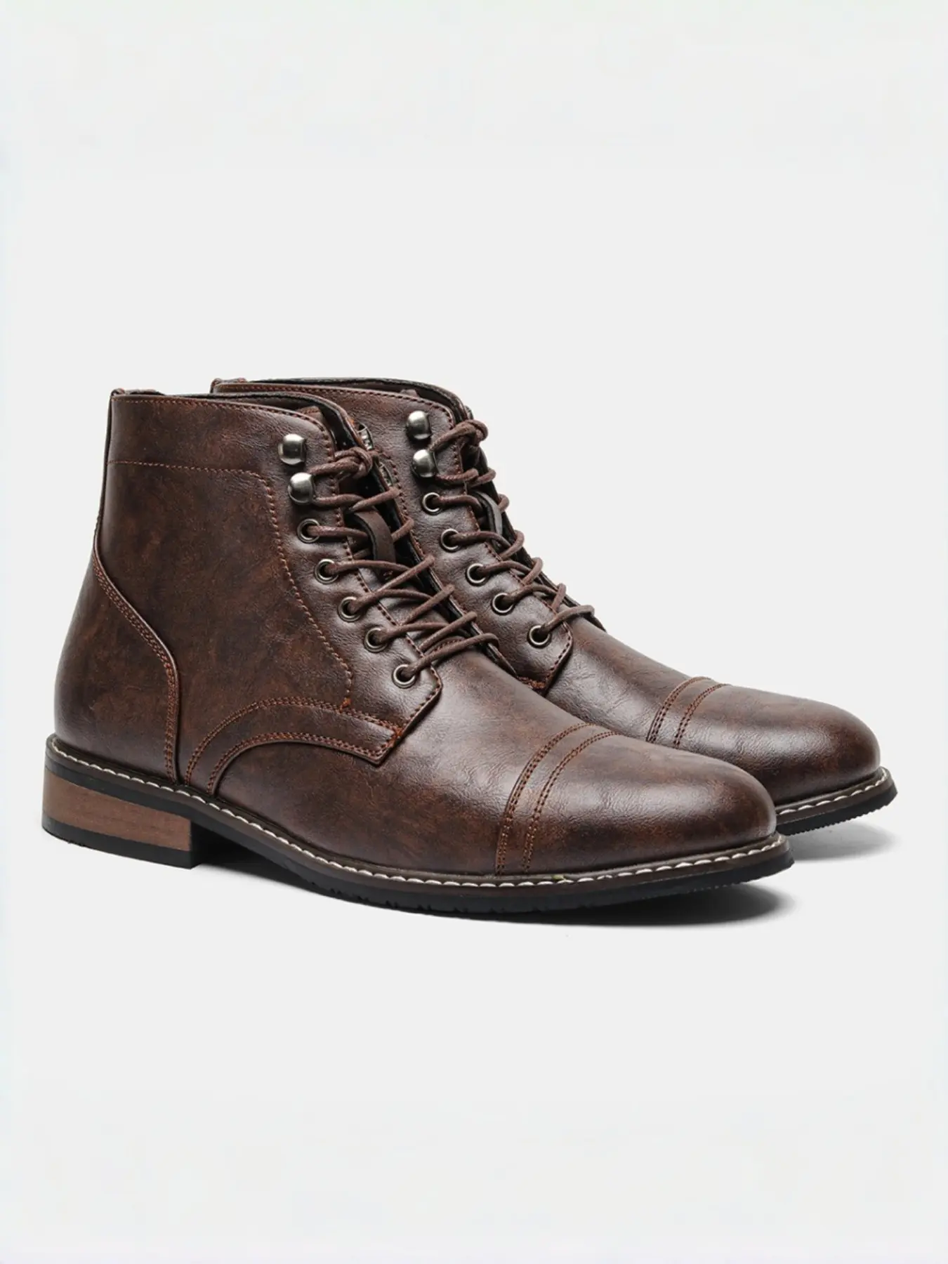 PU Leather Lace-Up Boots, Vintage Simple Style, Metal Eyelets, Stitching, Anti-Slip Rubber Sole, Spring & Fall Fashion