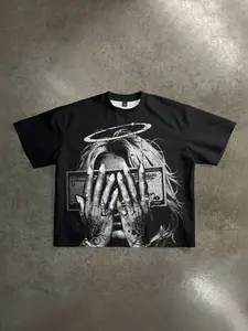 Boxy Cropped Men's Street Style Distressed Grey Money Angel Face Print Cropped T-Shirt