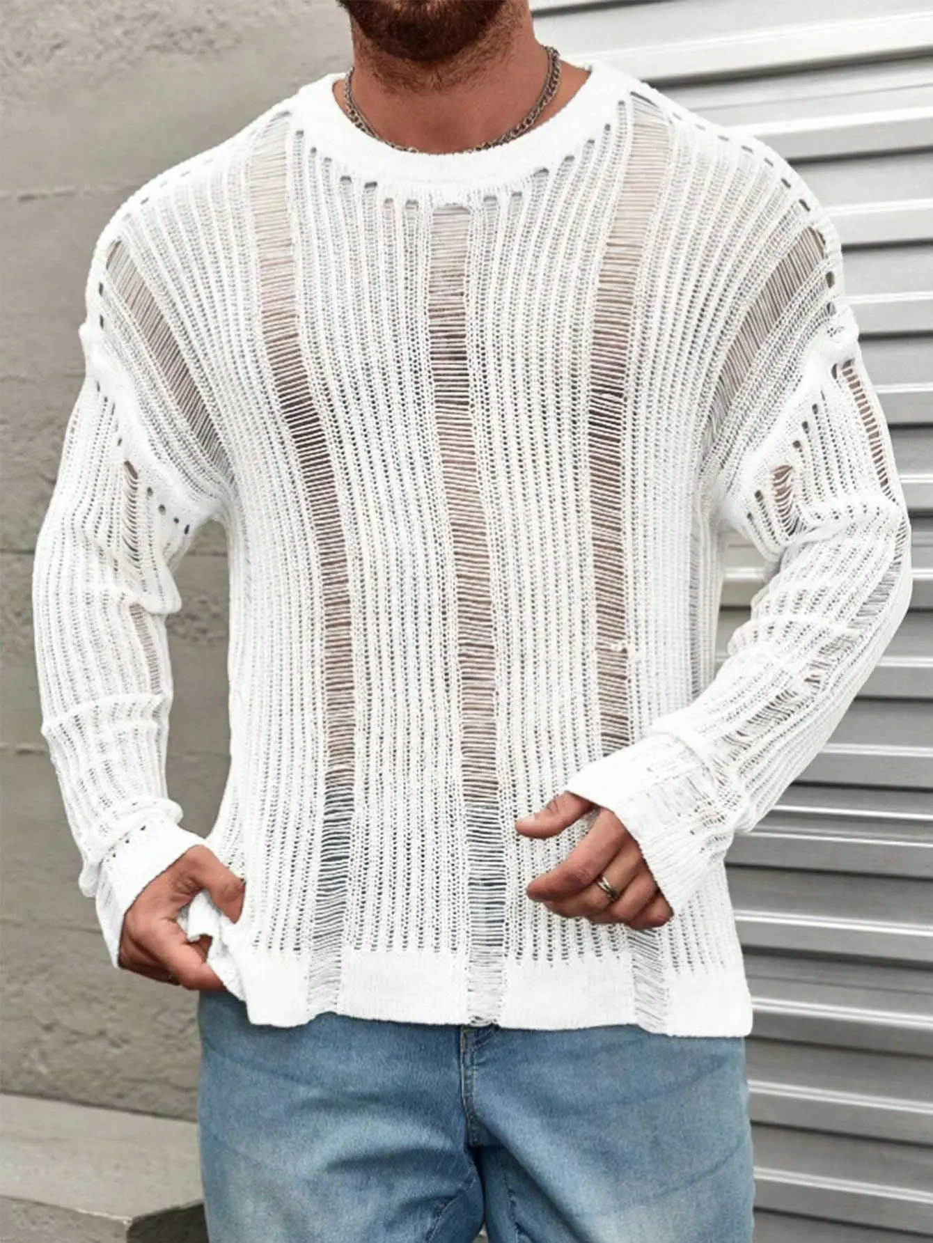 ANDREILEE Men's Long Sleeve Striped Openwork Knit Pullover, Distressed Street Style Loose Drop-Shoulder Fit, Menswear, Knitwear, Sweater, Distinctive Pore Texture, Trending, Party, Korean, Knitting, Hollow, Long Length, Pickhole Detail, Crew Neck, Do Not,