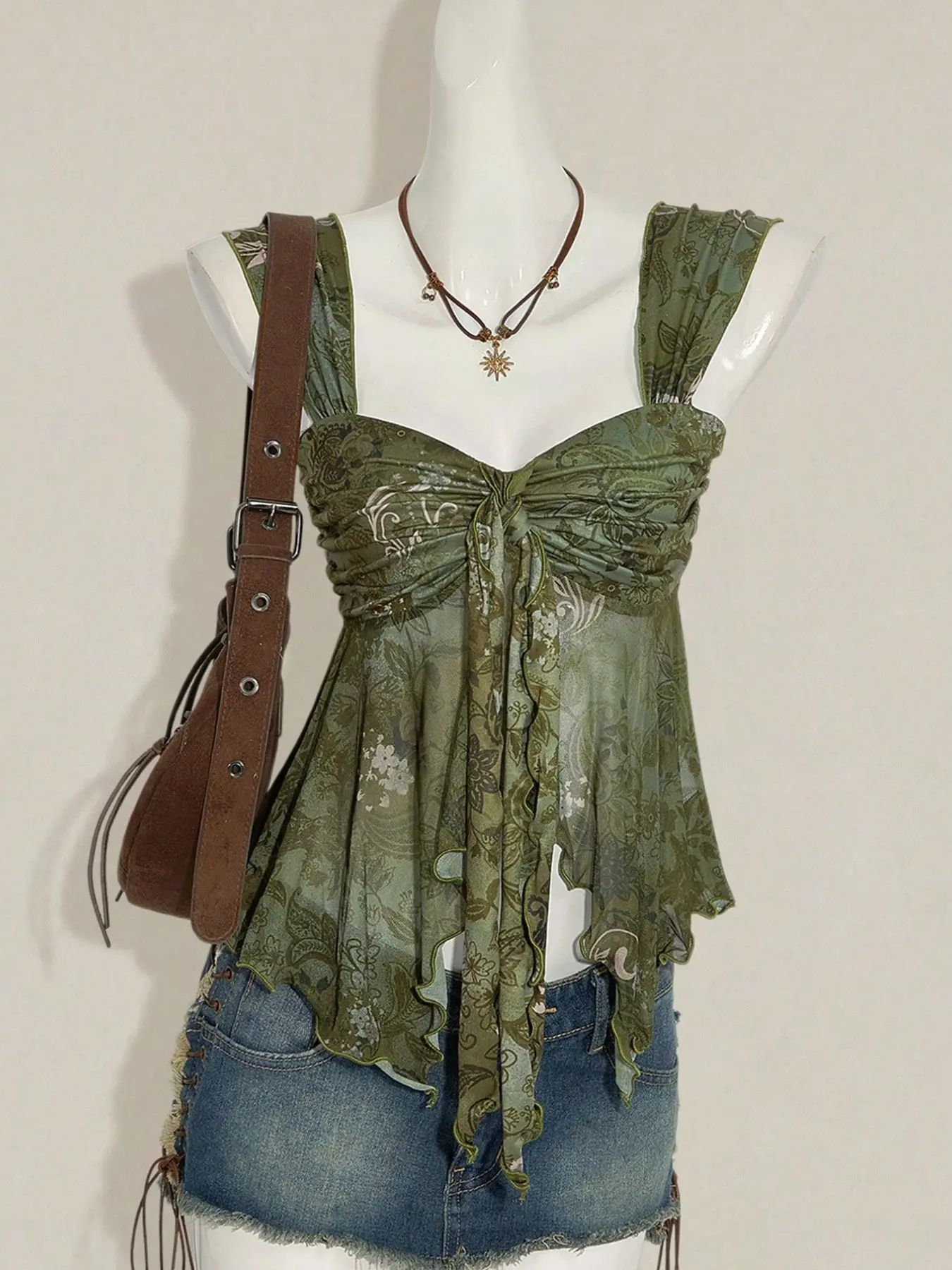 Y2K Floral Mesh Ruffle Feminine Cami Top, Sweetheart Neck Asymmetric Hem, Lightweight Breathable Sheer Tank Top, Fairy Grunge Boho Bohemian Aesthetic, Women's Fashion, Fit